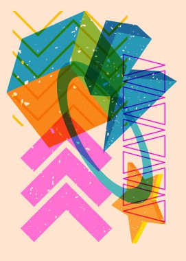 Renkli geometrik şekiller. Moda riso grafik tasarımlı nesne. Geometri ögeleri soyut risograf baskı desen biçimi.