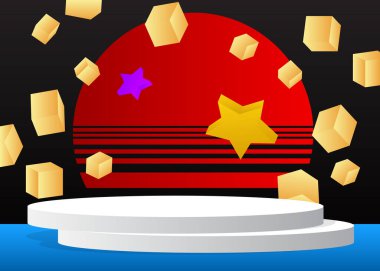 Model ürün görüntüsü. Gerçekçi vektör 3D oda, silindir kaide podyumu. Sunum için sahne gösterisi. Gelecekçi bilim kurgu, asgari geometrik biçimler, boş sahne.