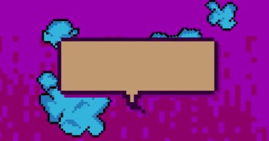 Geometrik arkaplanlı pikselli konuşma kabarcığı animasyonu. Retro çizgi film videosu.