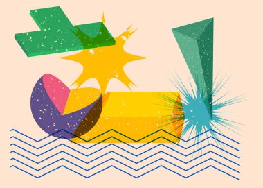 Renkli geometrik şekiller. Moda riso grafik tasarımlı nesne. Geometri ögeleri soyut risograf baskı desen biçimi.