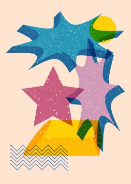 Renkli geometrik şekiller. Moda riso grafik tasarımlı nesne. Geometri ögeleri soyut risograf baskı desen biçimi.