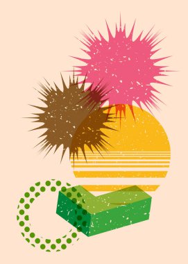 Renkli geometrik şekiller. Moda riso grafik tasarımlı nesne. Geometri ögeleri soyut risograf baskı desen biçimi.