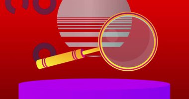 Büyüteçle maket ürün görüntüsü. Animasyon silindiri kaide podyumu. Sunum için sahne gösterisi videosu. En küçük geometrik biçimlerin taşınması.