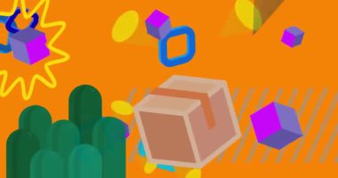 Geometrik grafik retro dağıtım temalı arka plan videosu olan karton kutu. Minimum geometrik elementler animasyonu. Klasik soyut şekiller reklam için resimleme.