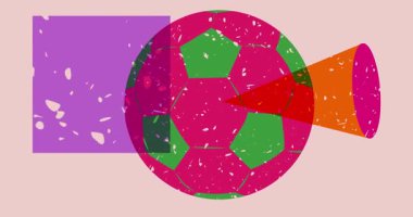 Geometrik şekilli risograph futbol topu animasyon. Moda riso grafik tasarım videosunda nesne taşınıyor.
