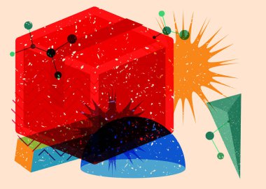 Geometrik şekilli Risograph karton kutu. Geometri elemanları ile modayı gösteren riso grafik desen tasarımı nesneleri.