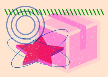 Geometrik şekilli Risograph karton kutu. Geometri elemanları ile modayı gösteren riso grafik desen tasarımı nesneleri.