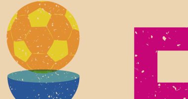 Risograph futbol topu ve geometrik şekilli konuşma balonu animasyon. Moda riso grafik tasarım videosunda nesne taşınıyor.