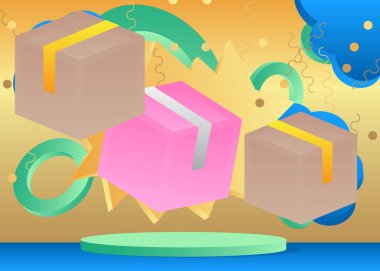 Karton kutulu maket ürün görüntüsü. Vektör silindirli kaide podyumu. Sunum için sahne gösterisi. En küçük geometrik biçimler.