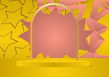Sarı, Siyah, Pembe ve Altın Mockup ürün sergisi. Gerçekçi vektör 3D oda, silindir kaide podyumu. Sunum için sahne gösterisi. En düşük geometrik biçimler, boş sahne.