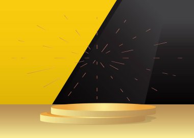 Sarı, Siyah, Pembe ve Altın Mockup ürün sergisi. Gerçekçi vektör 3D oda, silindir kaide podyumu. Sunum için sahne gösterisi. En düşük geometrik biçimler, boş sahne.