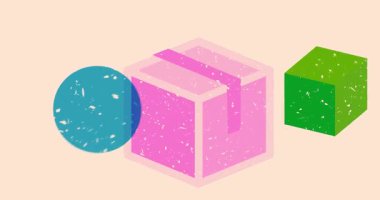 Geometrik şekilli karton kutu, animasyon. Moda riso grafik tasarım videosunda nesne taşınıyor.