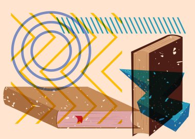 Geometrik şekilli Risograph Book. Geometri elemanları ile modayı gösteren riso grafik desen tasarımı nesneleri.