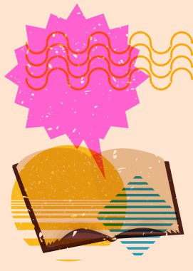 Geometrik şekilli konuşma baloncuklu Risograph Book. Geometri elemanları ile modayı gösteren riso grafik desen tasarımı nesneleri.