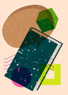 Geometrik şekilli konuşma baloncuklu Risograph Book. Geometri elemanları ile modayı gösteren riso grafik desen tasarımı nesneleri.