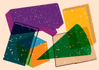 Geometrik şekilli konuşma baloncuklu Risograph Book. Geometri elemanları ile modayı gösteren riso grafik desen tasarımı nesneleri.