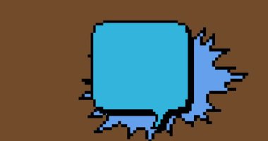 Geometrik arkaplanlı pikselli konuşma kabarcığı animasyonu. Retro çizgi film videosu.