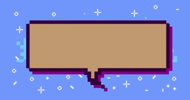 Geometrik arkaplanlı pikselli konuşma kabarcığı animasyonu. Retro çizgi film videosu.