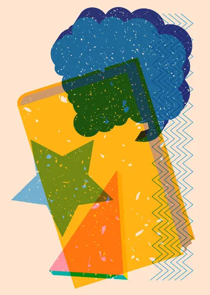 Geometrik şekilli konuşma baloncuklu Risograph Book. Geometri elemanları ile modayı gösteren riso grafik desen tasarımı nesneleri.