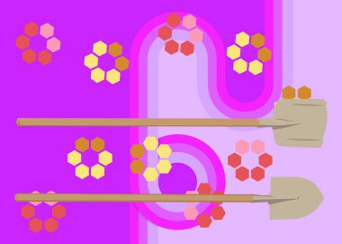 70 'lerin geçmişinde Spade, Shovel ile birlikte. Harika Tarım 1970 'lerin sanat şablonu. Minimalist Vintage tasarım posteri. Eski moda renkli sanat eserleri.