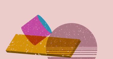 Renkli geometrik şekiller animasyon. Moda riso grafik tasarımlı nesne. Geometri ögeleri soyut risograph doku tarzı video.