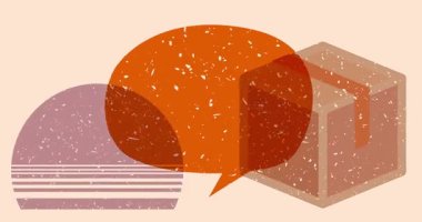 Geometrik şekilli karton kutu ve konuşma balonu animasyon. Moda riso grafik tasarım videosunda nesne taşınıyor.