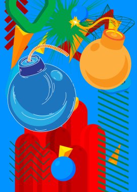 Bomba geometrik grafik retro temalı arka plan. Minimum geometrik elementler. Klasik soyut şekiller vektör illüstrasyonu.