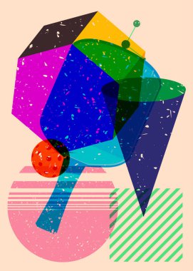 Geometrik şekilli risograph Pickleball. Geometri elemanları ile modayı gösteren riso grafik desen tasarımı nesneleri.