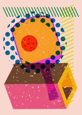 Geometrik şekilli risograph Pickleball. Geometri elemanları ile modayı gösteren riso grafik desen tasarımı nesneleri.