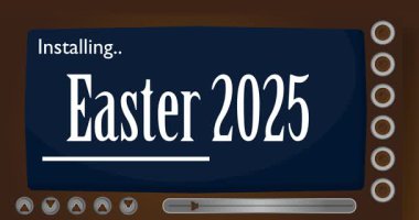 Paskalya 2025 sözcüğüyle çizgi film bilgisayarı. Bir ekran kurulum penceresini gösteren video iletisi.