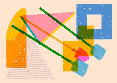 Risograph Spade, geometrik şekilli kürek. Geometri elemanları ile modayı gösteren riso grafik desen tasarımı nesneleri.