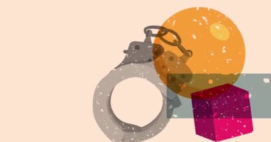 Risograph kelepçeler ve geometrik şekilli konuşma balonu animasyon. Moda riso grafik tasarım videosunda nesne taşınıyor.