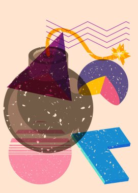 Geometrik şekilli Risograph Bomb. Geometri elemanları ile modayı gösteren riso grafik desen tasarımı nesneleri.