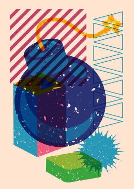 Geometrik şekilli Risograph Bomb. Geometri elemanları ile modayı gösteren riso grafik desen tasarımı nesneleri.