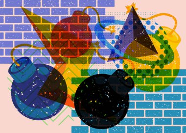 Geometrik şekilli Risograph Bomb. Geometri elemanları ile modayı gösteren riso grafik desen tasarımı nesneleri.