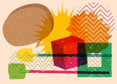 Risograph Spade, geometrik şekilli konuşma baloncuklu kürek. Geometri elemanları ile modayı gösteren riso grafik desen tasarımı nesneleri.