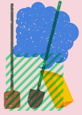 Risograph Spade, geometrik şekilli konuşma baloncuklu kürek. Geometri elemanları ile modayı gösteren riso grafik desen tasarımı nesneleri.