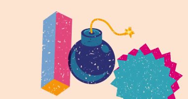 Geometrik şekilli Risograph bombası ve konuşma balonu animasyon. Moda riso grafik tasarım videosunda nesne taşınıyor.