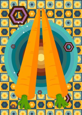 70 'lerin geçmişinde Havuç ile birlikte. Dâhice Yemek 1970 'lerin sanat şablonu. Minimalist Vintage tasarım posteri. Eski moda renkli sanat eserleri.