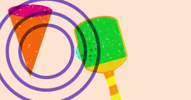 Risograph Pickleball raketi ve top konuşma balonu ve geometrik şekilli animasyon. Moda riso grafik tasarım videosunda nesne taşınıyor.