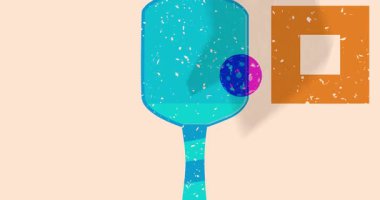 Risograph Pickleball raketi ve top konuşma balonu ve geometrik şekilli animasyon. Moda riso grafik tasarım videosunda nesne taşınıyor.