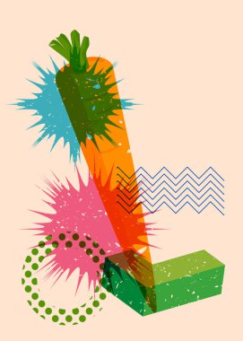 Geometrik şekilli Risograph Havucu. Geometri elemanları ile modayı gösteren riso grafik desen tasarımı nesneleri.