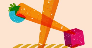 Geometrik şekilli Risograph Havucu animasyonu. Moda riso grafik tasarım videosunda nesne taşınıyor.