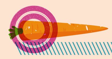 Geometrik şekilli Risograph Havucu animasyonu. Moda riso grafik tasarım videosunda nesne taşınıyor.