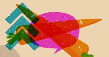 Risograph Havuç ve geometrik şekilli konuşma balonu animasyon. Moda riso grafik tasarım videosunda nesne taşınıyor.