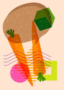 Geometrik şekilli konuşma baloncuğu ile Risograph Havucu. Geometri elemanları ile modayı gösteren riso grafik desen tasarımı nesneleri.