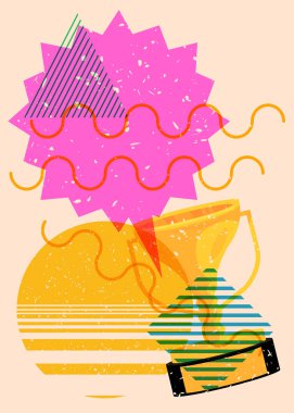 Geometrik şekilli konuşma baloncuklu Risograph Kupası. Geometri elemanları ile modayı gösteren riso grafik desen tasarımı nesneleri.