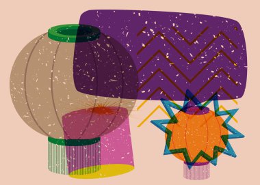 Geometrik şekilli konuşma baloncuklu Çin feneri. Geometri elemanları ile modayı gösteren riso grafik desen tasarımı nesneleri.