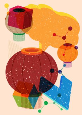 Geometrik şekilli konuşma baloncuklu Çin feneri. Geometri elemanları ile modayı gösteren riso grafik desen tasarımı nesneleri.