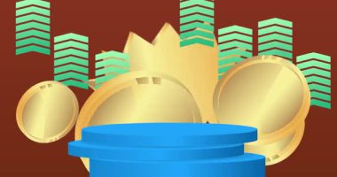 Altın sikke ile taklit ürün sergisi. Animasyon silindiri kaide podyumu. Sunum için sahne gösterisi videosu. En küçük geometrik biçimlerin taşınması.